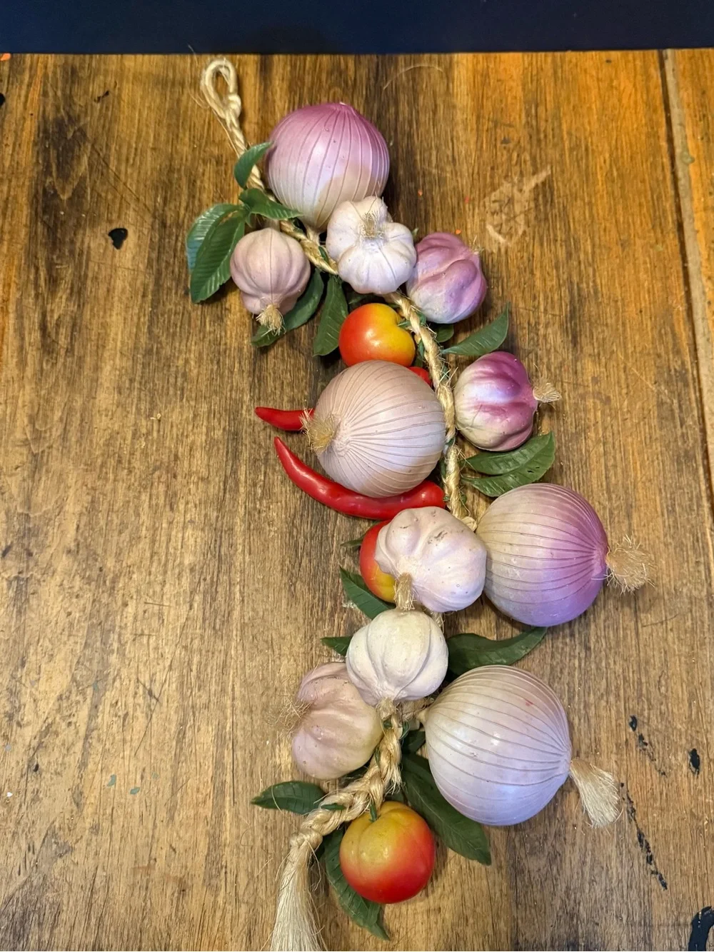 Vintage Funky 70'S Plastic Vegetable Hanging Decor Onions, Garlic, Peppers 21”